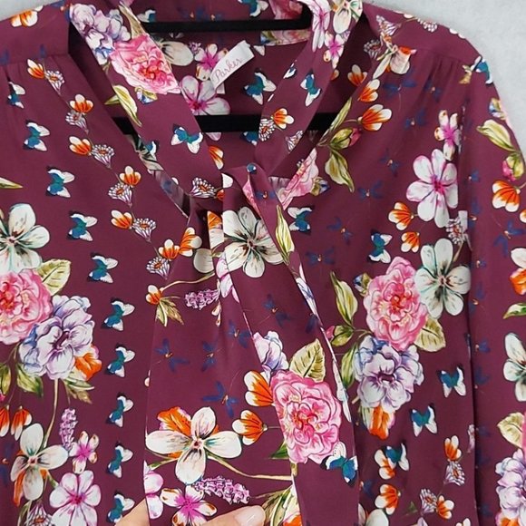 Parker Bohemian Contemporary Maroon Floral Butterflies Silk Blouse Top L (O15) - Picture 4 of 13